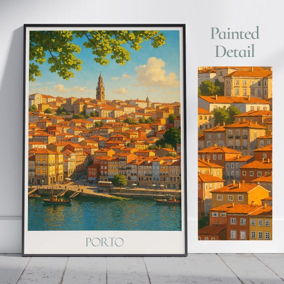 Porto Travel Print Portugal Ribeira Cityscape Wall Art Hand Painted Poster Home Decor Personalized Gift