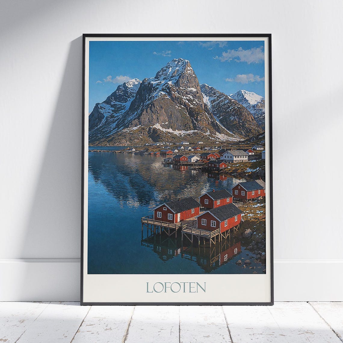 Lofoten Norway Red Rorbuer Cabins Mountain Reflection Poster
