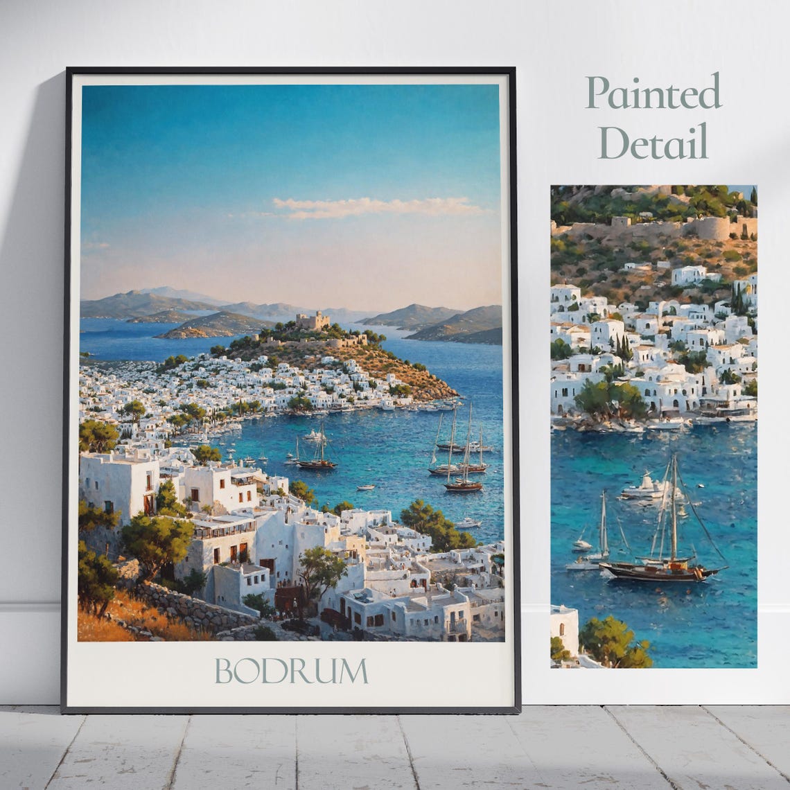 Bodrum Turkiye Whitewashed Coastal Town Harbor Painted Travel Poster