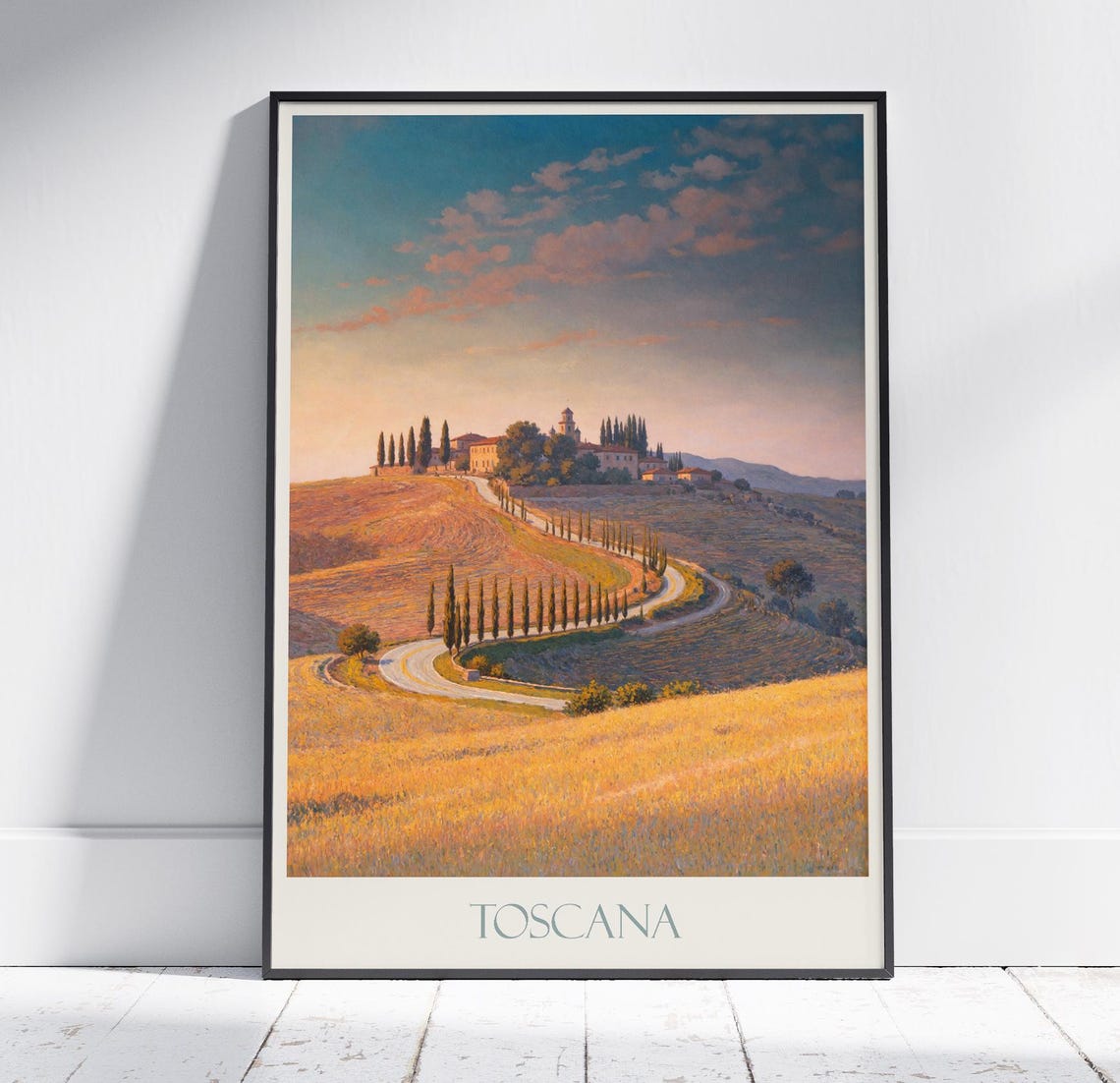 Toscana Italy Golden Cypress Road Villa Hills Sunset Painted Poster
