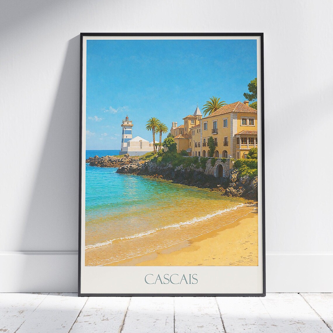 Cascais Portugal Vintage Travel Poster Coastal Villa Lighthouse European Art