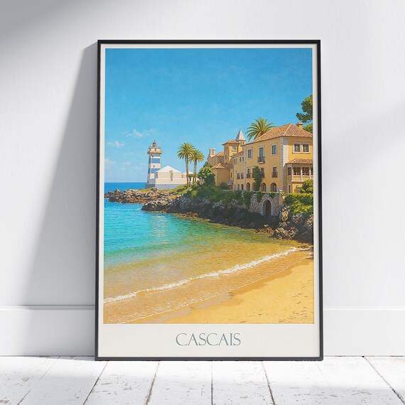 Cascais Portugal Vintage Travel Poster Coastal Villa Lighthouse European Art