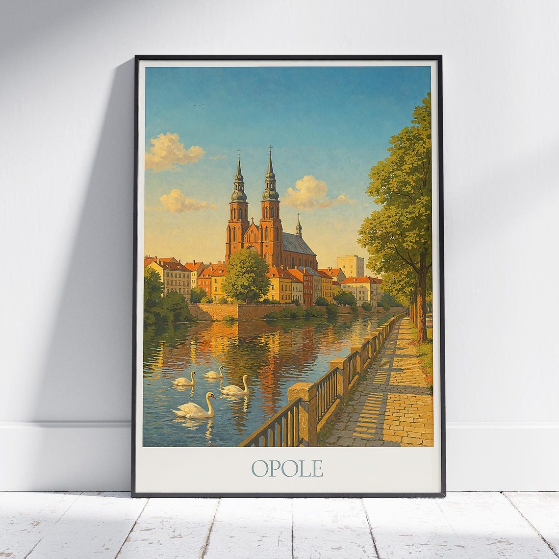 Opole Poland Cathedral River Poster Swans Old Town Waterfront Artwork