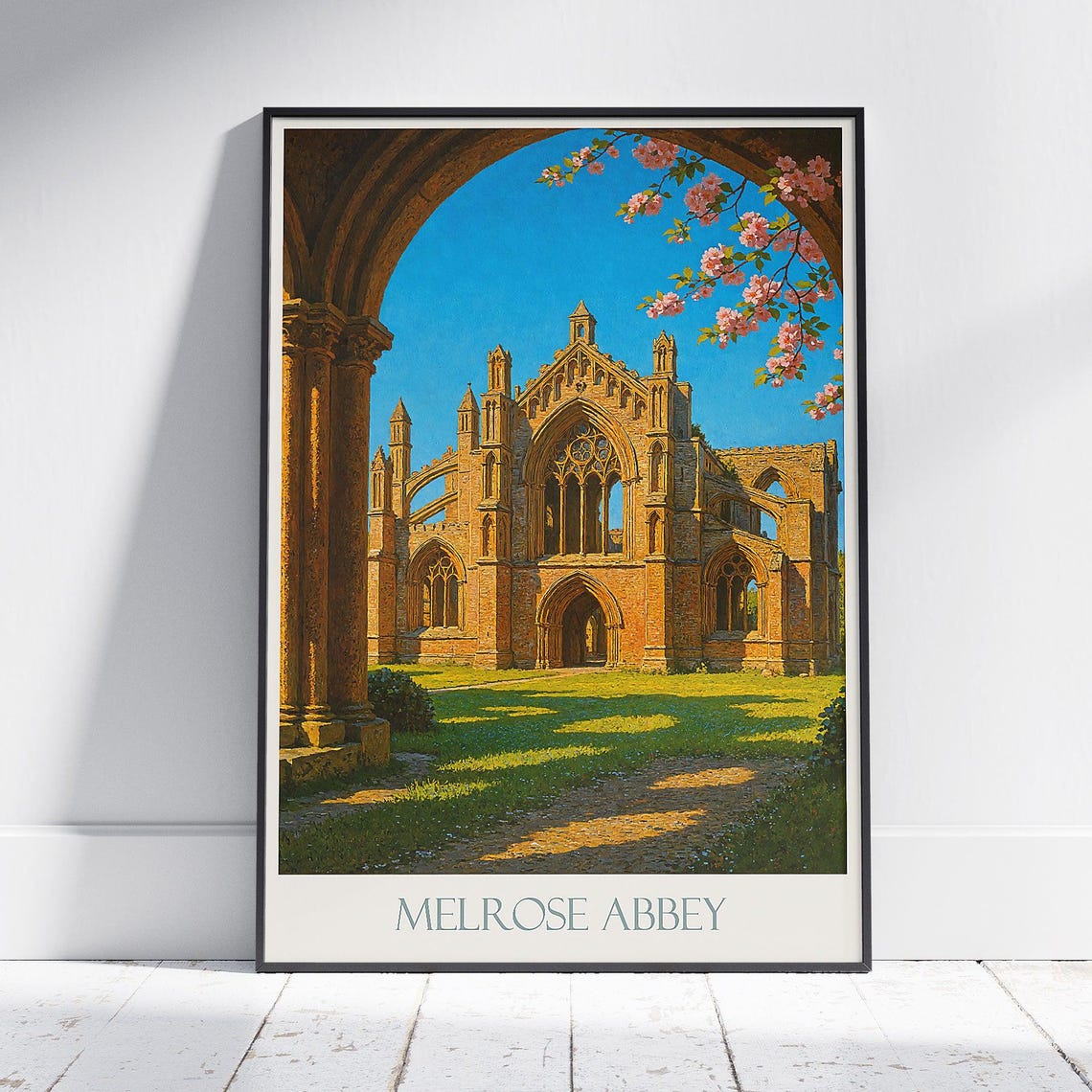 Melrose Abbey Scotland Gothic Ruins with Spring Blossom Poster