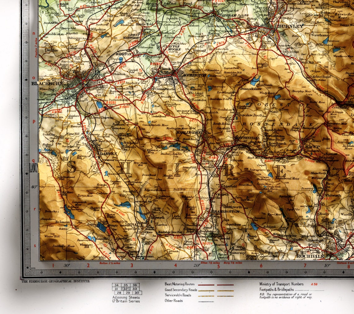 Wharfedale Yorkshire Vintage Bartholomew Shaded Relief Map Poster - Image 2