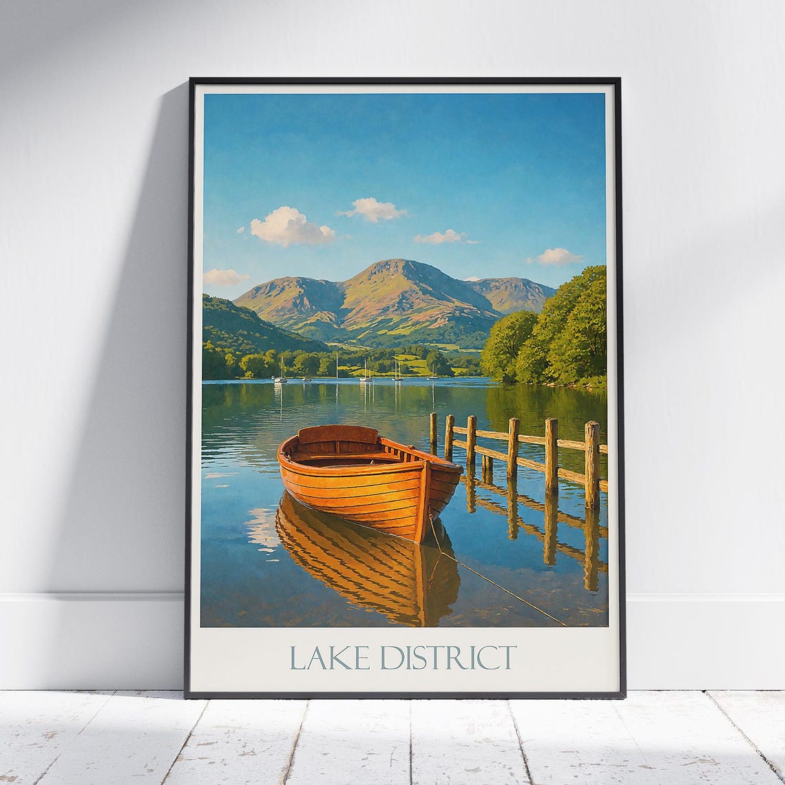 Lake District Wooden Rowboat Moored at Jetty Mountain View Poster