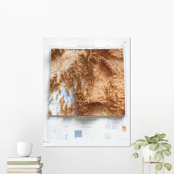 Great Salt Lake 3D Topographic Relief Map Utah Terrain Mountain Cartography Poster
