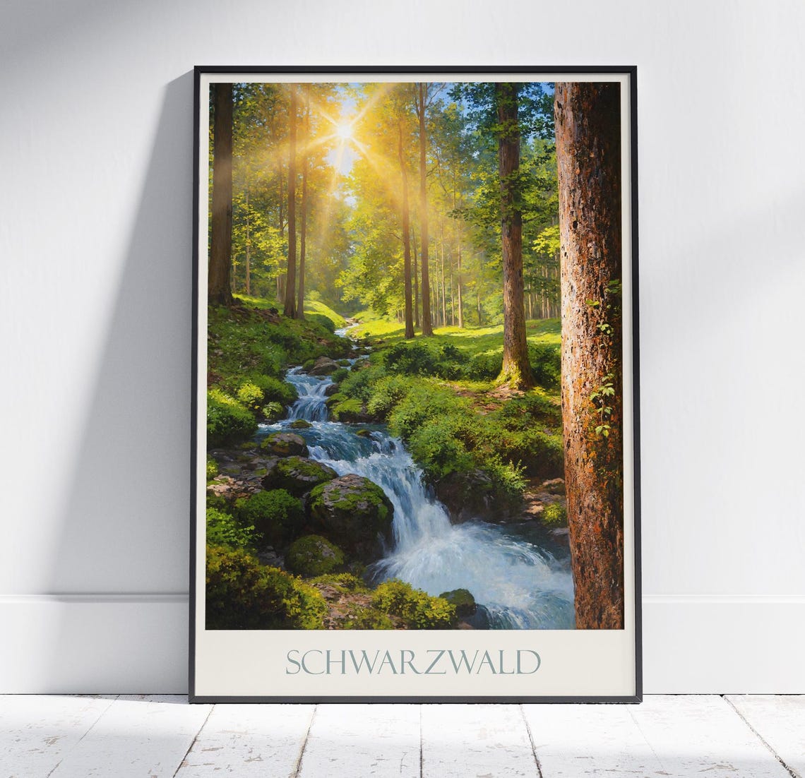 Black Forest Germany Sunlit Forest Stream Waterfall Travel Poster