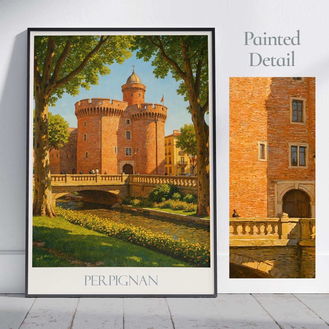 Perpignan Le Castillet Red Brick Fortress Painted Travel Poster