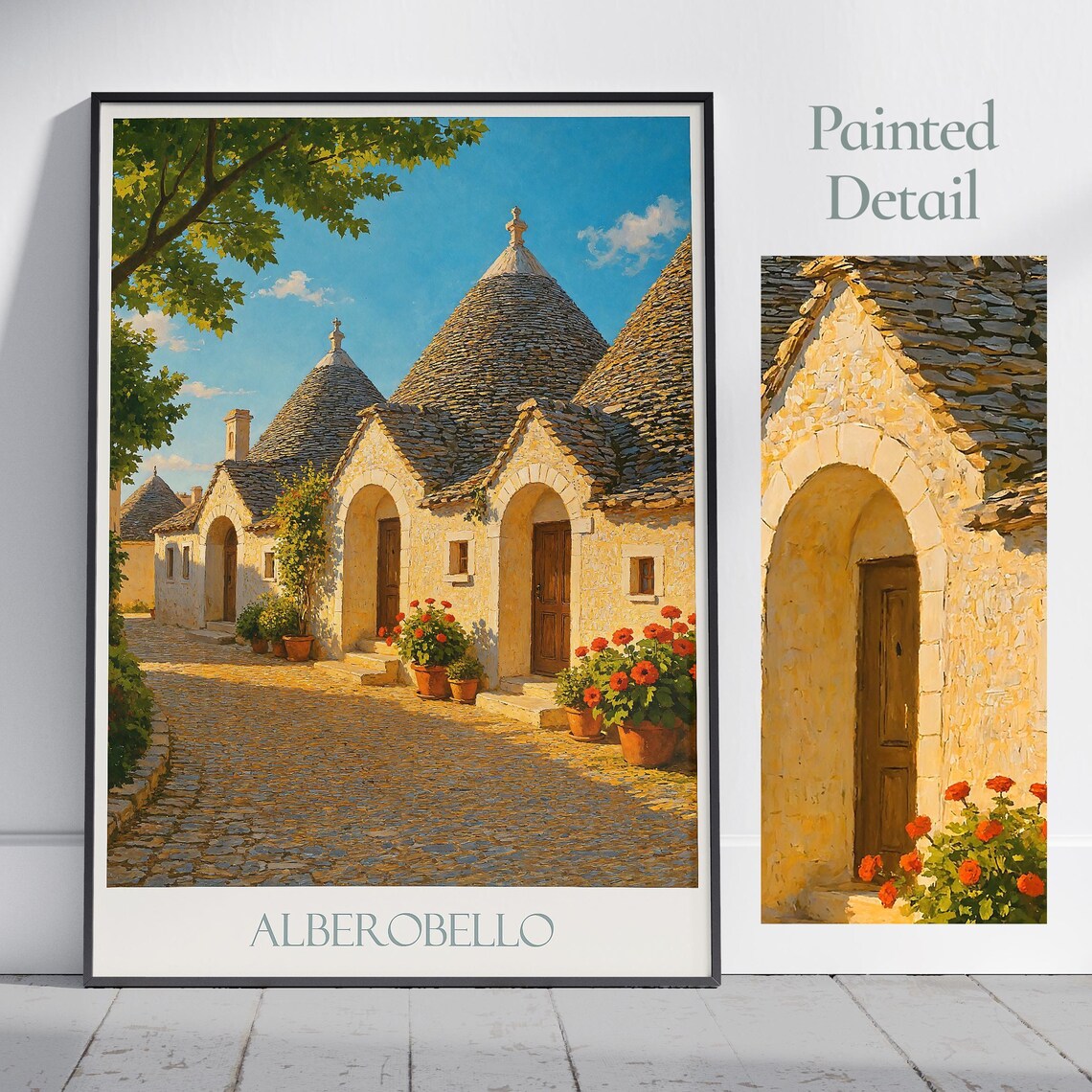 Alberobello Italy Travel Poster Trulli Stone Houses Flower Pots
