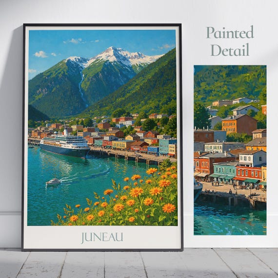 Juneau Travel Poster Alaska Cruise Port Art Print Painted Cityscape Decor Mountain Ocean Wall Vacation Gift