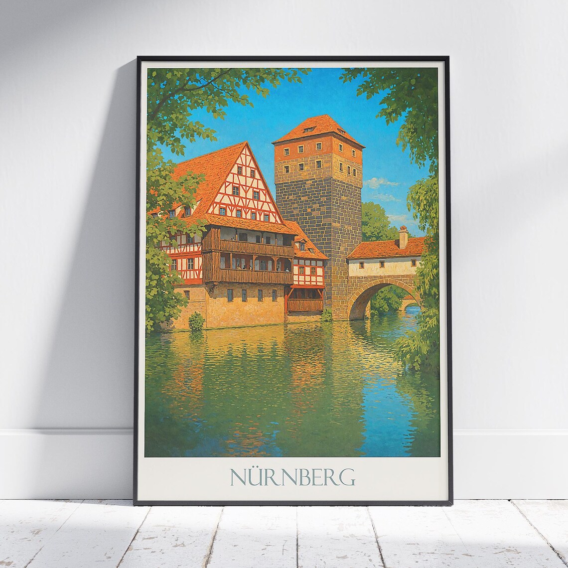 Nurnberg Germany Historic Water Tower Painted Travel Poster River Art