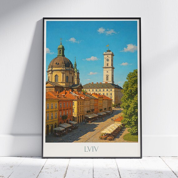 Lviv Ukraine Travel Poster with Old Town Market Square and Church Dome
