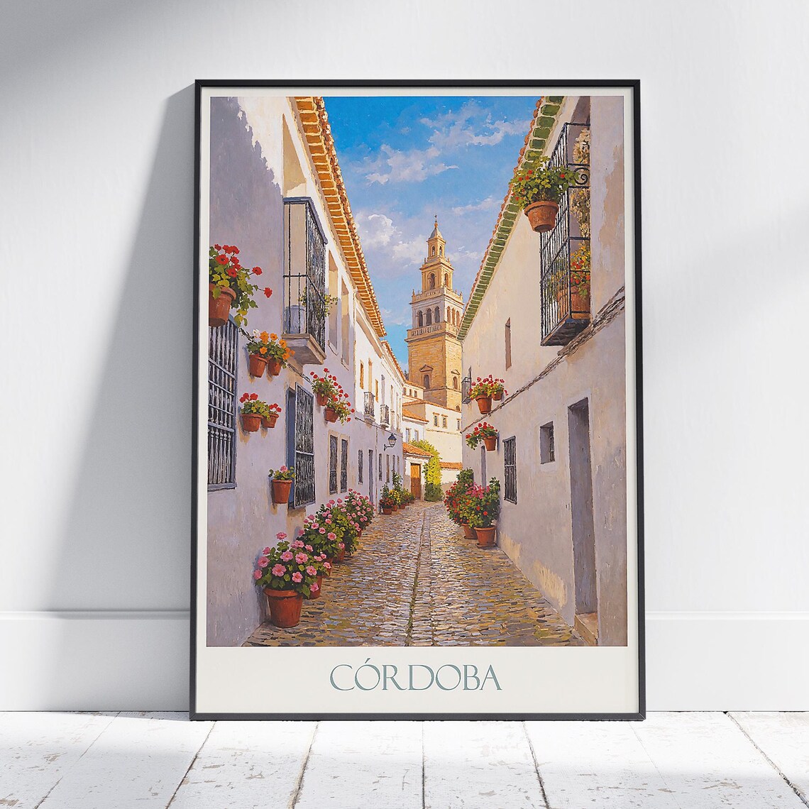 Cordoba Spain Flower Street Historic Bell Tower Vintage Travel Poster