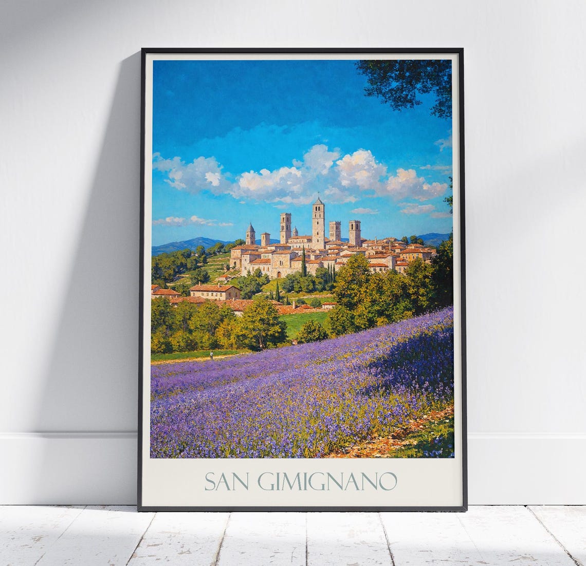 San Gimignano Medieval Towers Lavender Field Tuscany Travel Poster