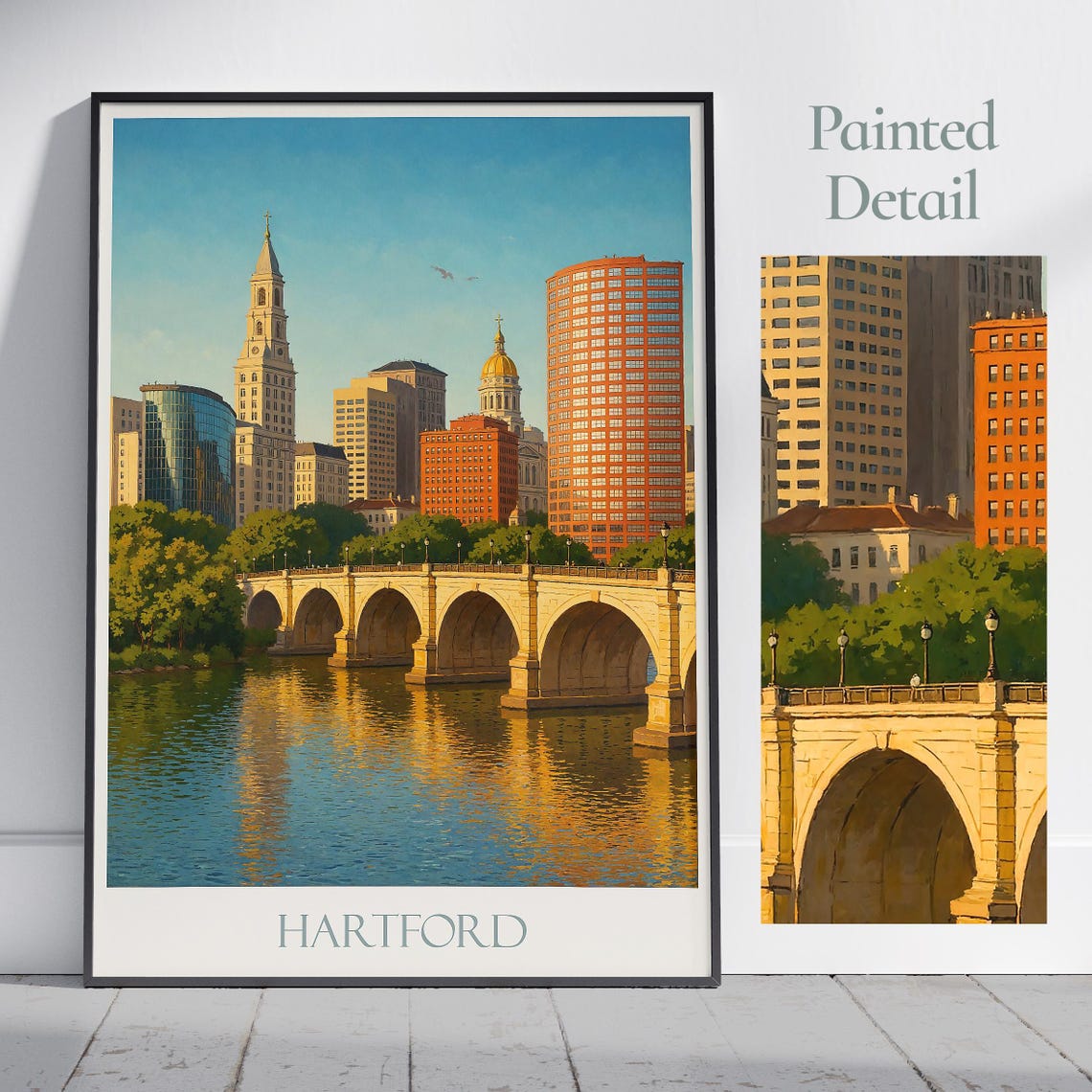 Hartford River Bridge Downtown Skyline Painted Travel Poster