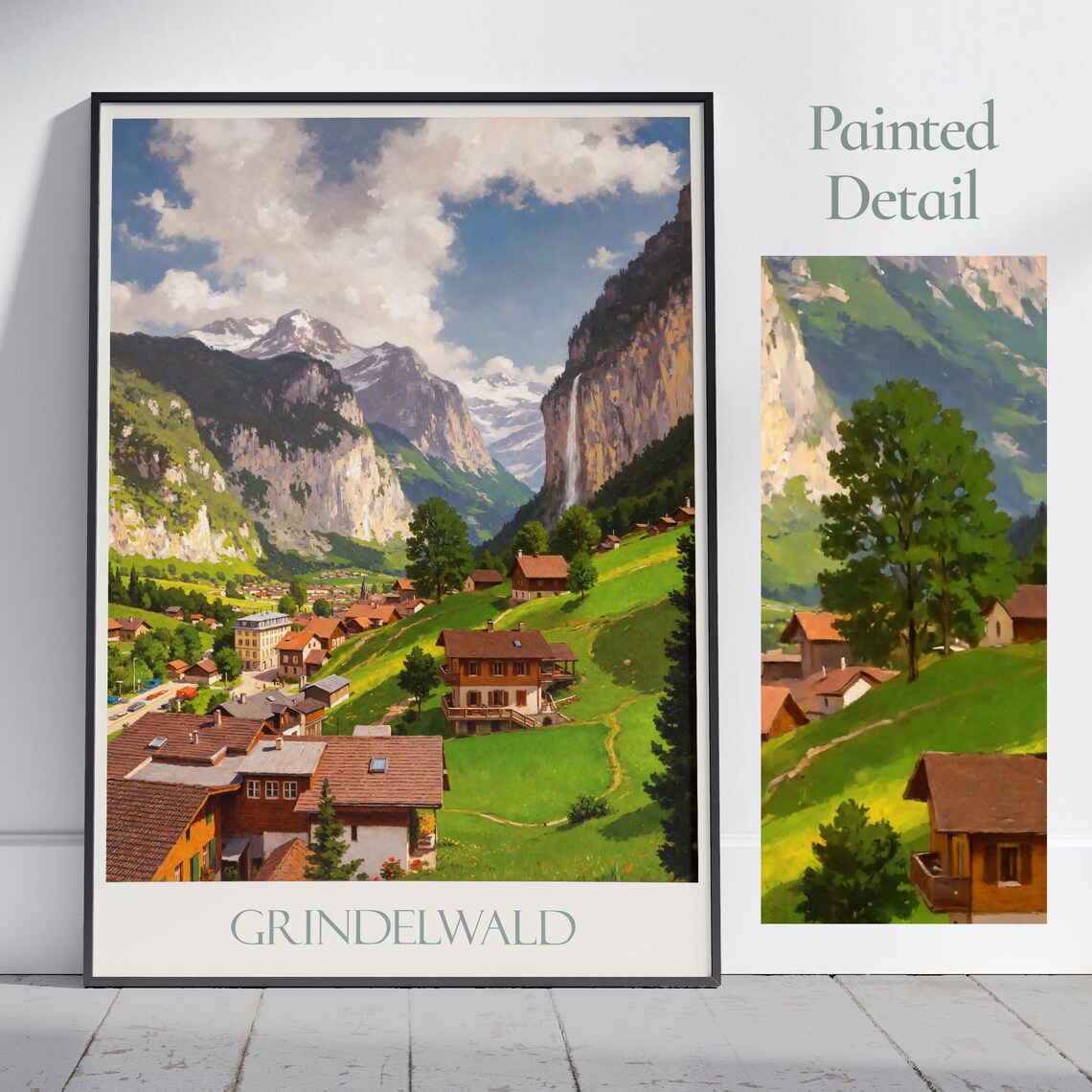 Grindelwald Switzerland Alpine Village Painted Travel Poster Falls