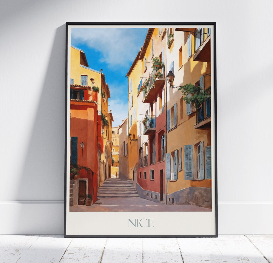 Nice France Old Town Alley Sunlit Facades Stairs Painted Poster