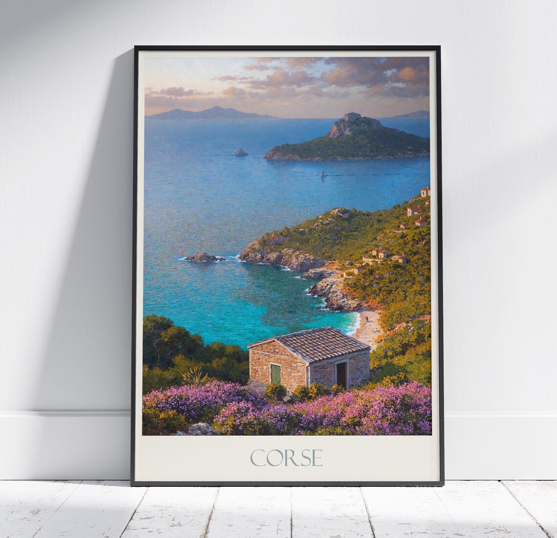 Corsica Coastal Cove Turquoise Sea Wildflowers Painted Travel Poster