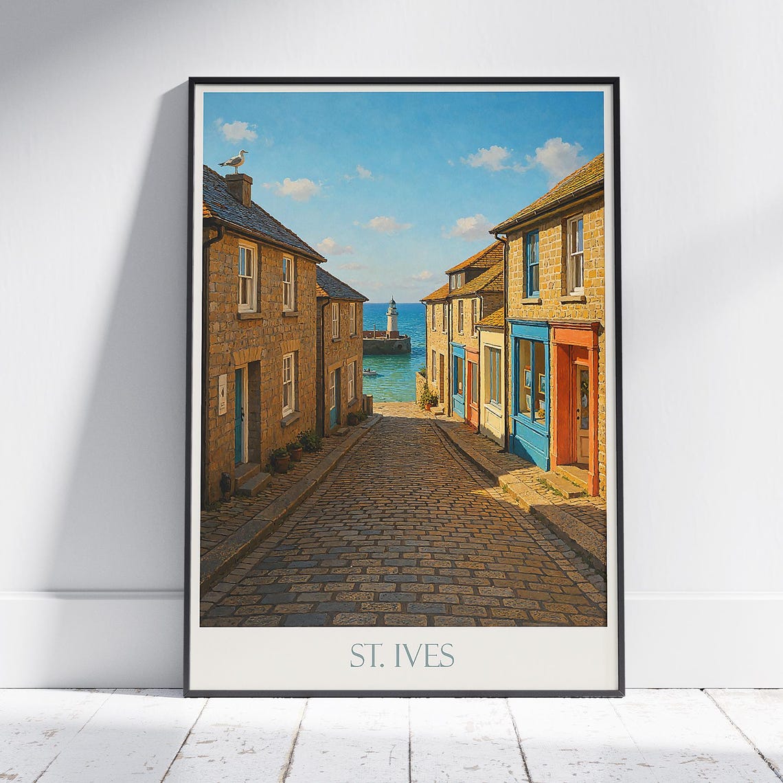 St Ives Cornwall Harbor Cobblestone Street Vintage Travel Poster