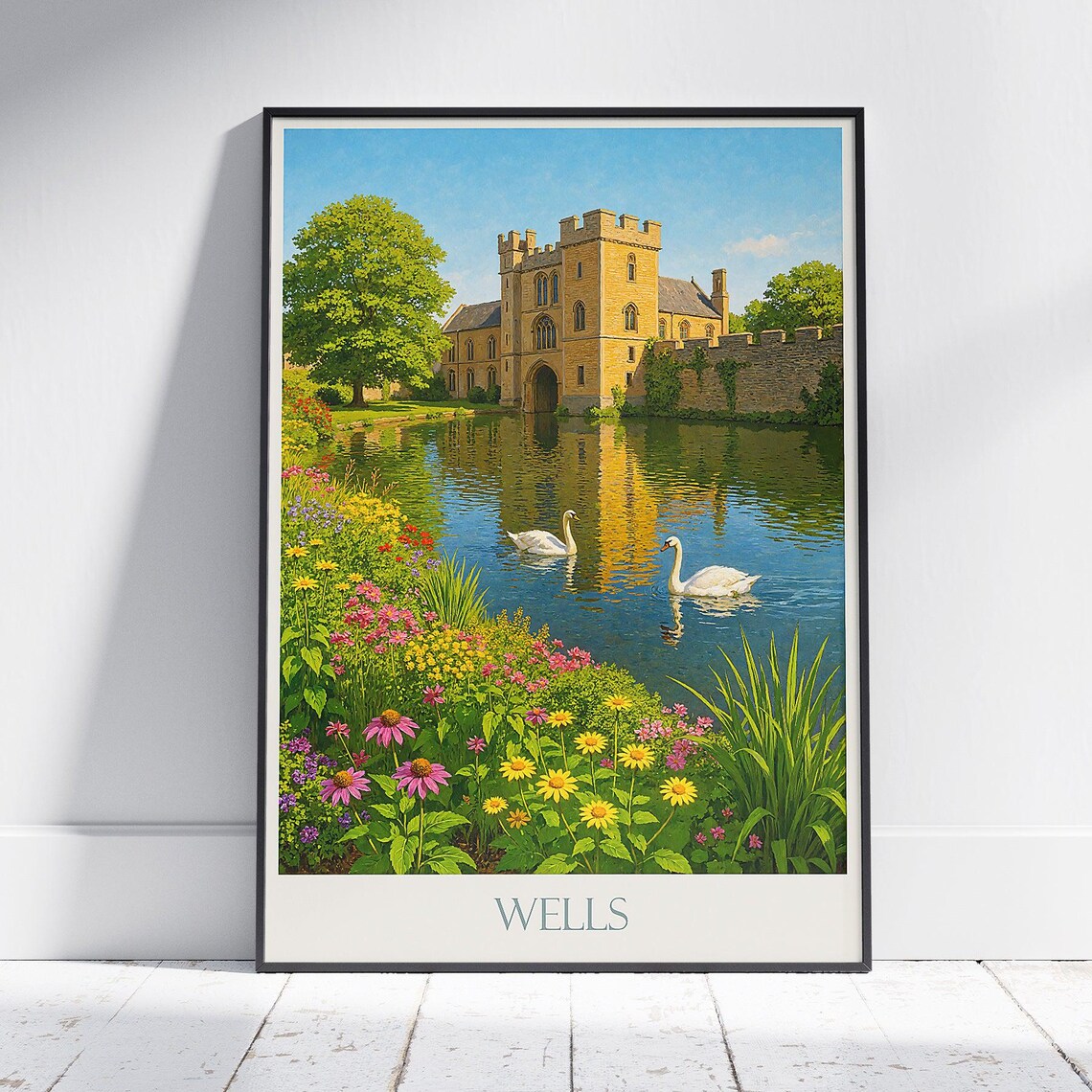 Wells England Bishop's Palace Moated Castle Swans Travel Art Poster