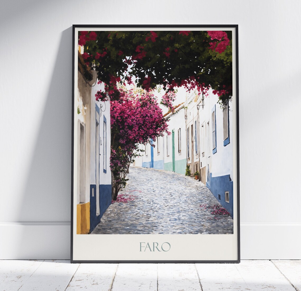 Faro Portugal Algarve Old Town Cobbled Street Bougainvillea Poster