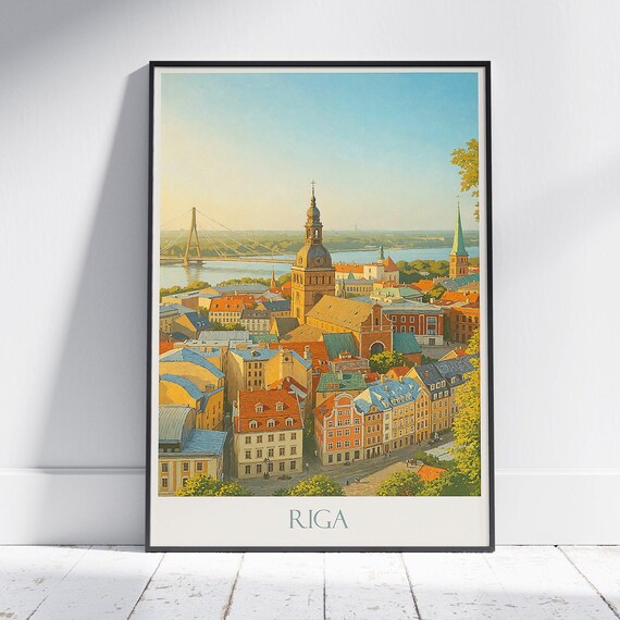 Riga Latvia Old Town Daugava River Skyline Painted Travel Poster