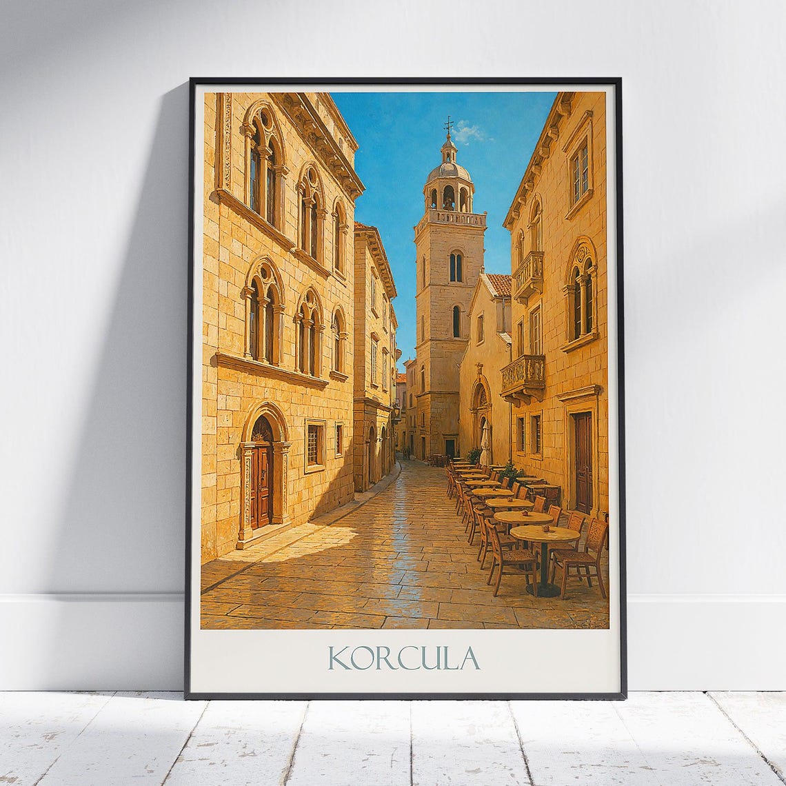 Korcula Croatia Gothic Old Town Street and Bell Tower Poster