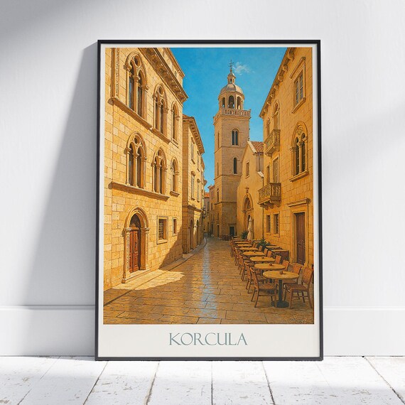 Korcula Croatia Gothic Old Town Street and Bell Tower Poster