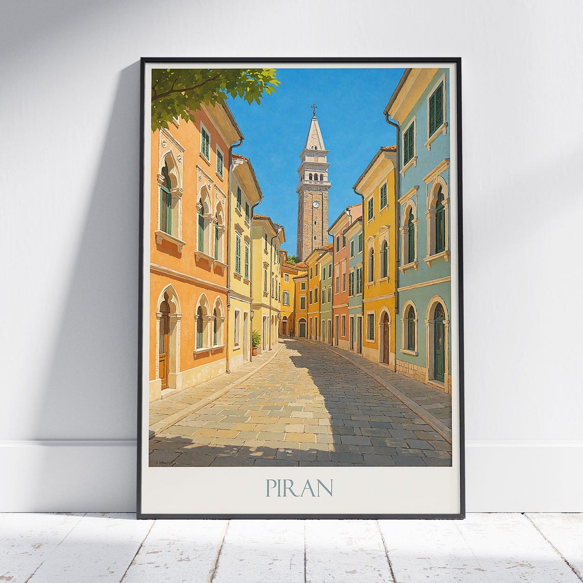 Piran Slovenia Pastel Street Bell Tower Adriatic Travel Poster