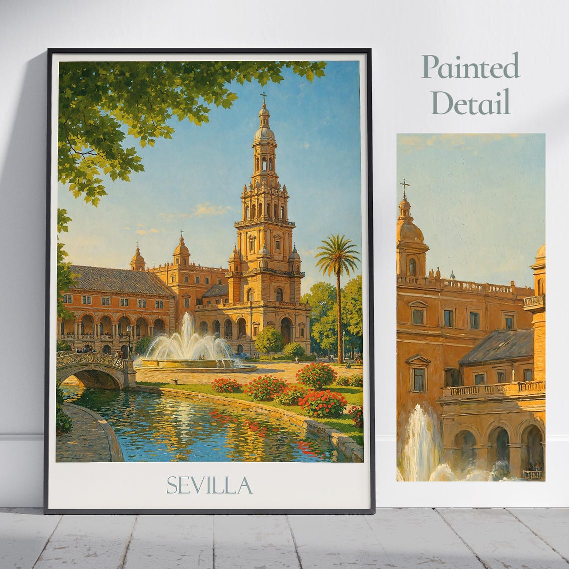 Sevilla Spain Plaza Fountain Golden Tower Painted Art Poster