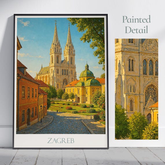 Zagreb Travel Poster Croatia Cathedral Wall Art Print Painted Cityscape Decor Framed Europe Vacation Gift