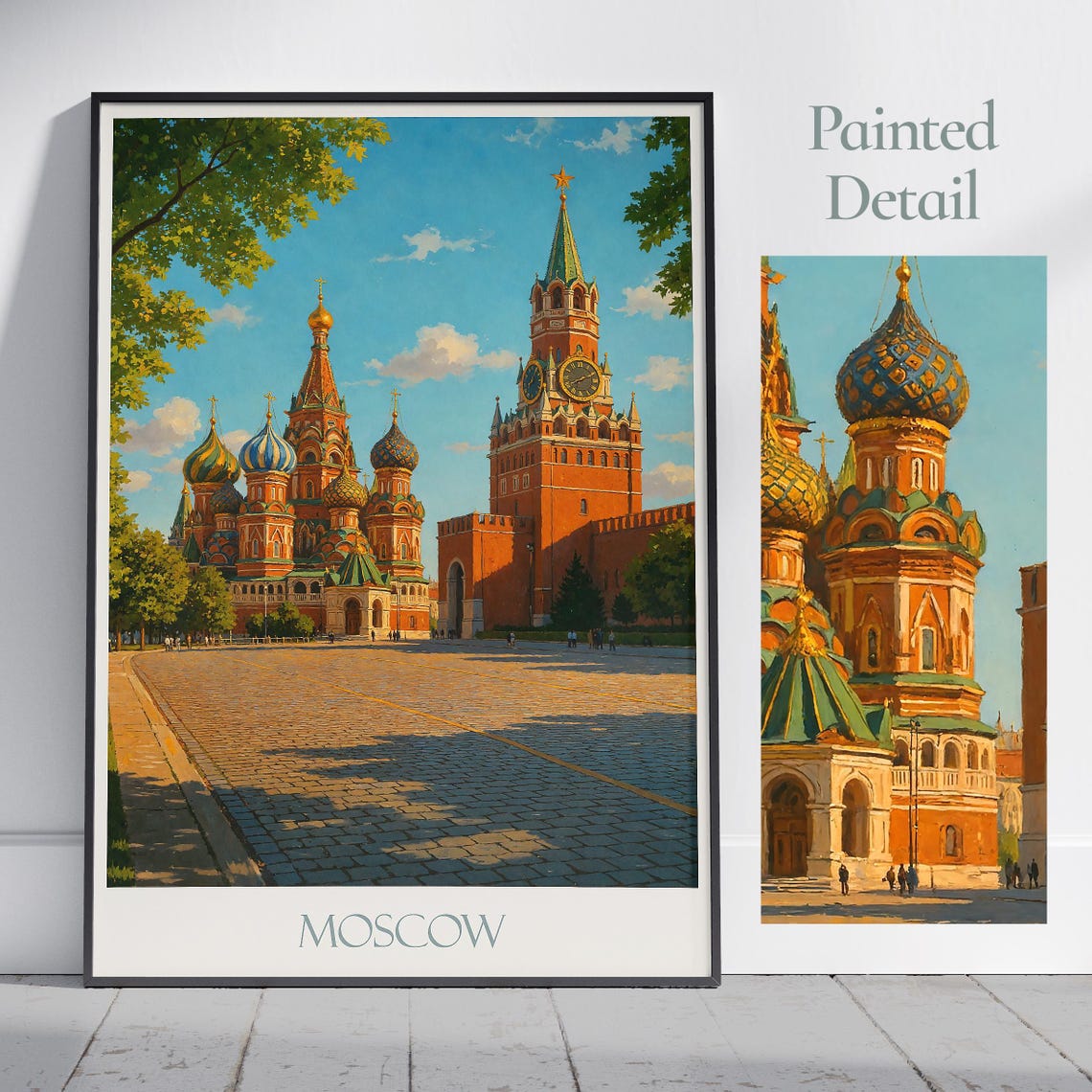 Moscow Saint Basils Cathedral Kremlin Tower Painted Square Poster