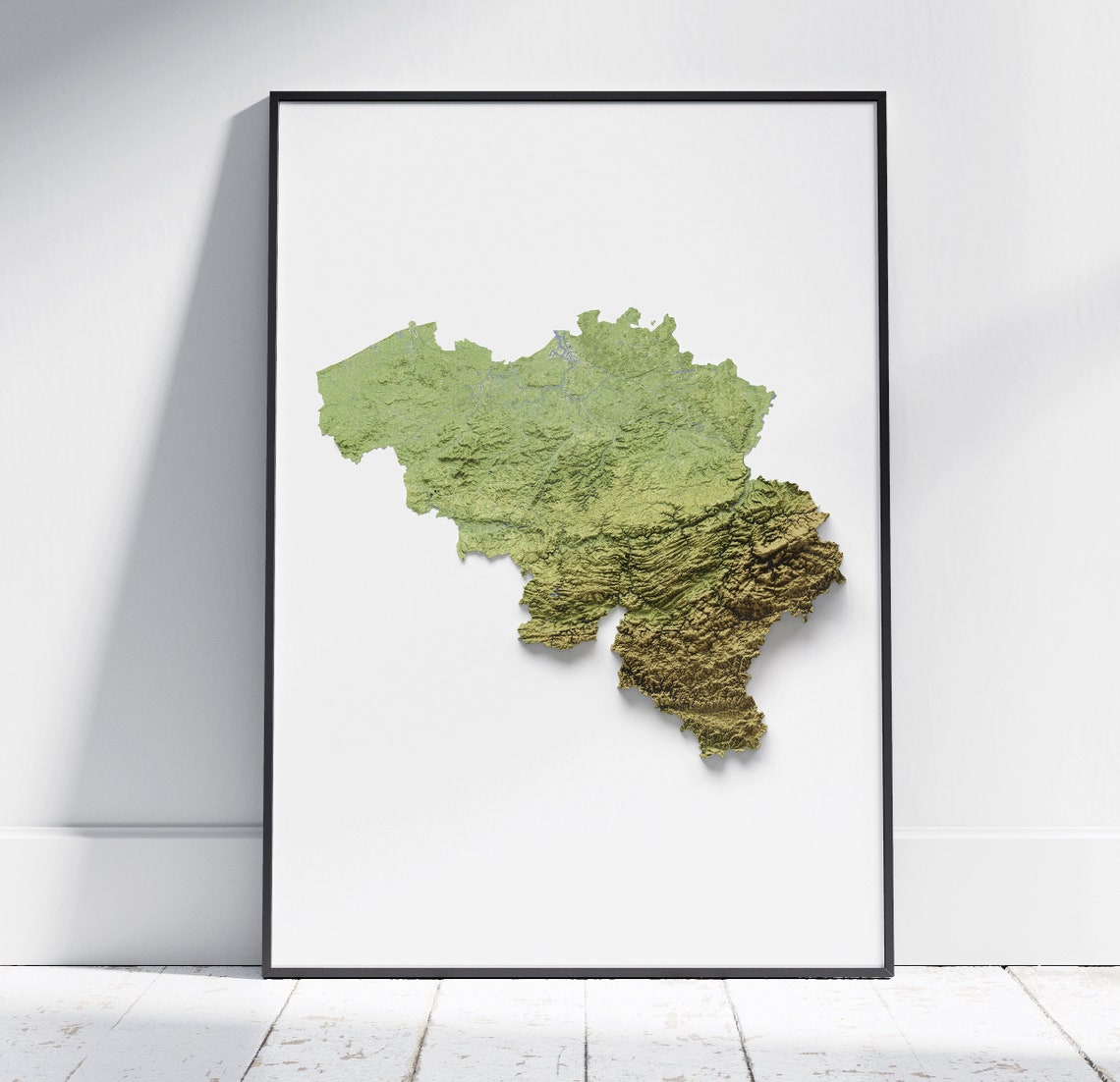 Belgium Country Green Shaded Relief Topographic Map Art Print