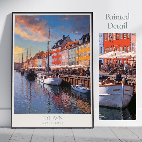 Copenhagen Travel Print Nyhavn Denmark Travel Poster Painted Wall Art Home Decor Framed Personalized Print Vacation Travel Gift