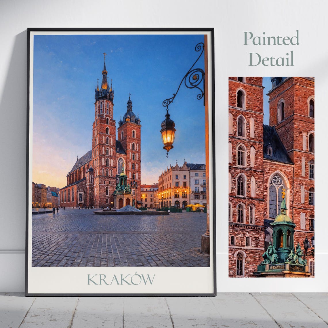 Krakow Poland St Marys Basilica Market Square Dusk Travel Poster