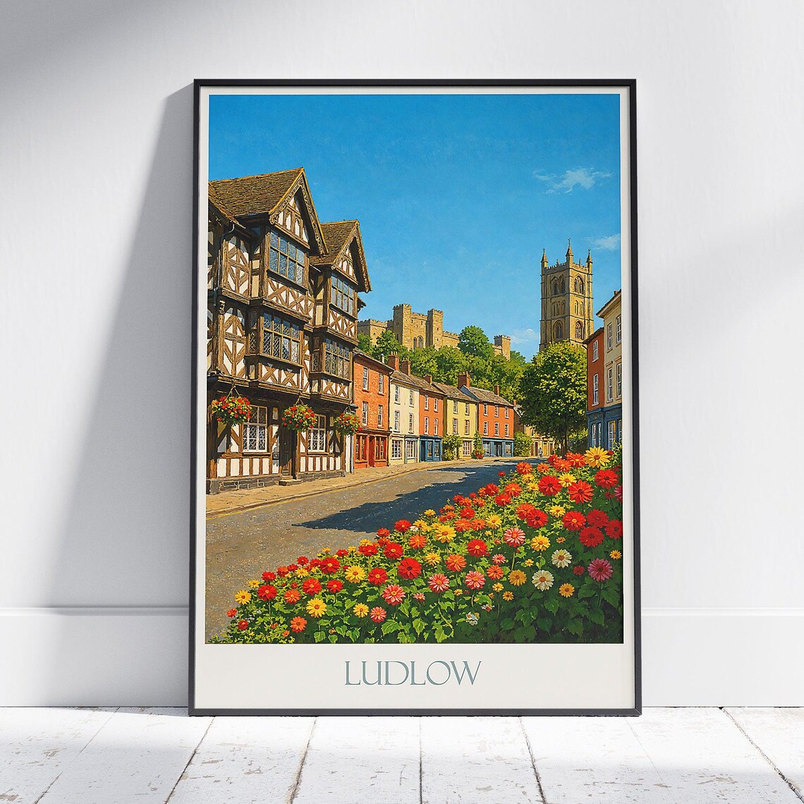 Ludlow Historic Market Town Colorful Flower Beds Travel Poster
