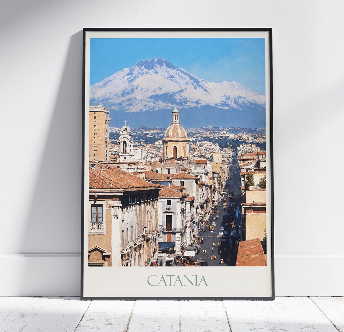 Catania Sicily Mount Etna Volcano Cityscape Painted Travel Poster