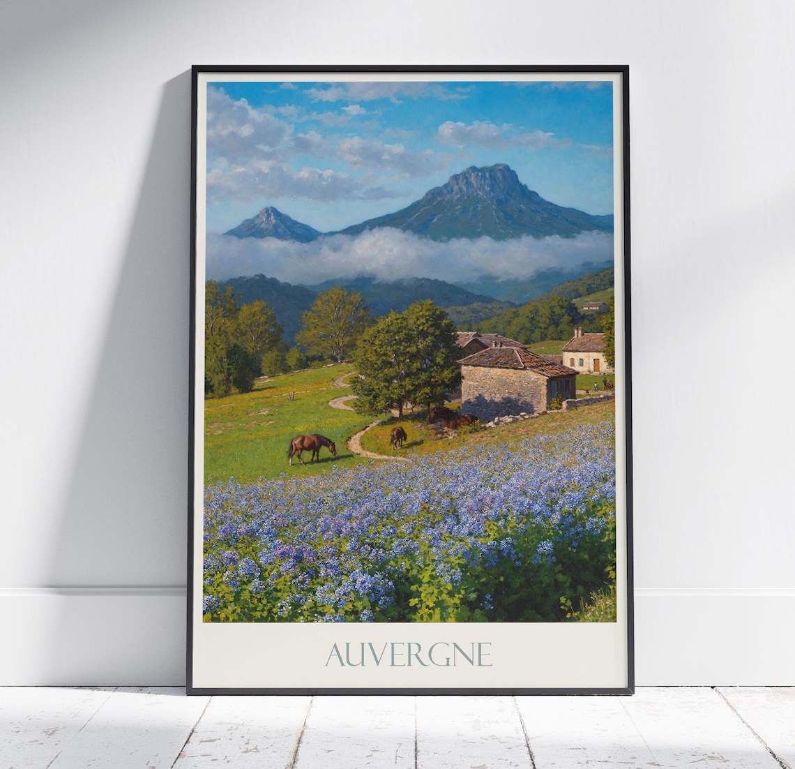 Auvergne France Horses Wildflower Meadow Painted Travel Poster