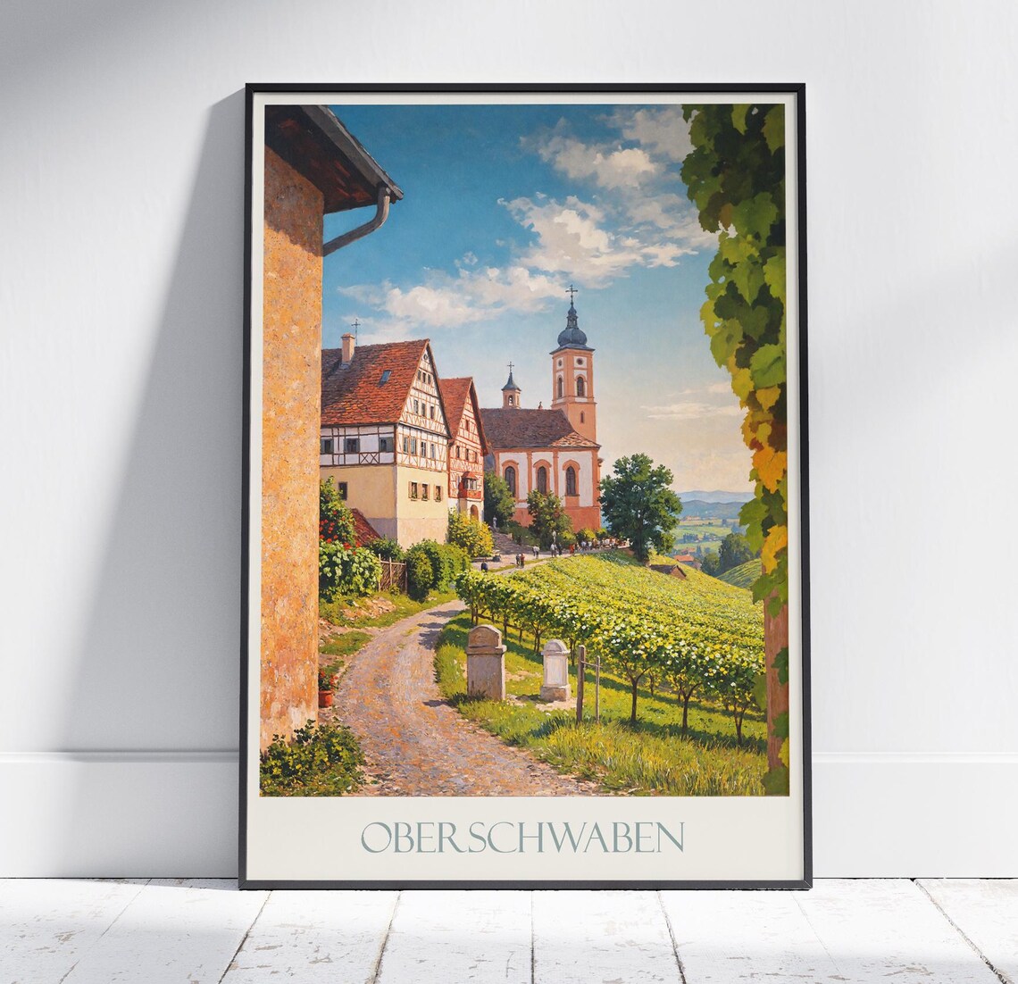 Oberschwaben Germany Vineyard Village Church Sunny Travel Poster