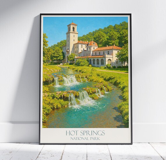 Hot Springs National Park Historic Bathhouse And Falls Travel Poster