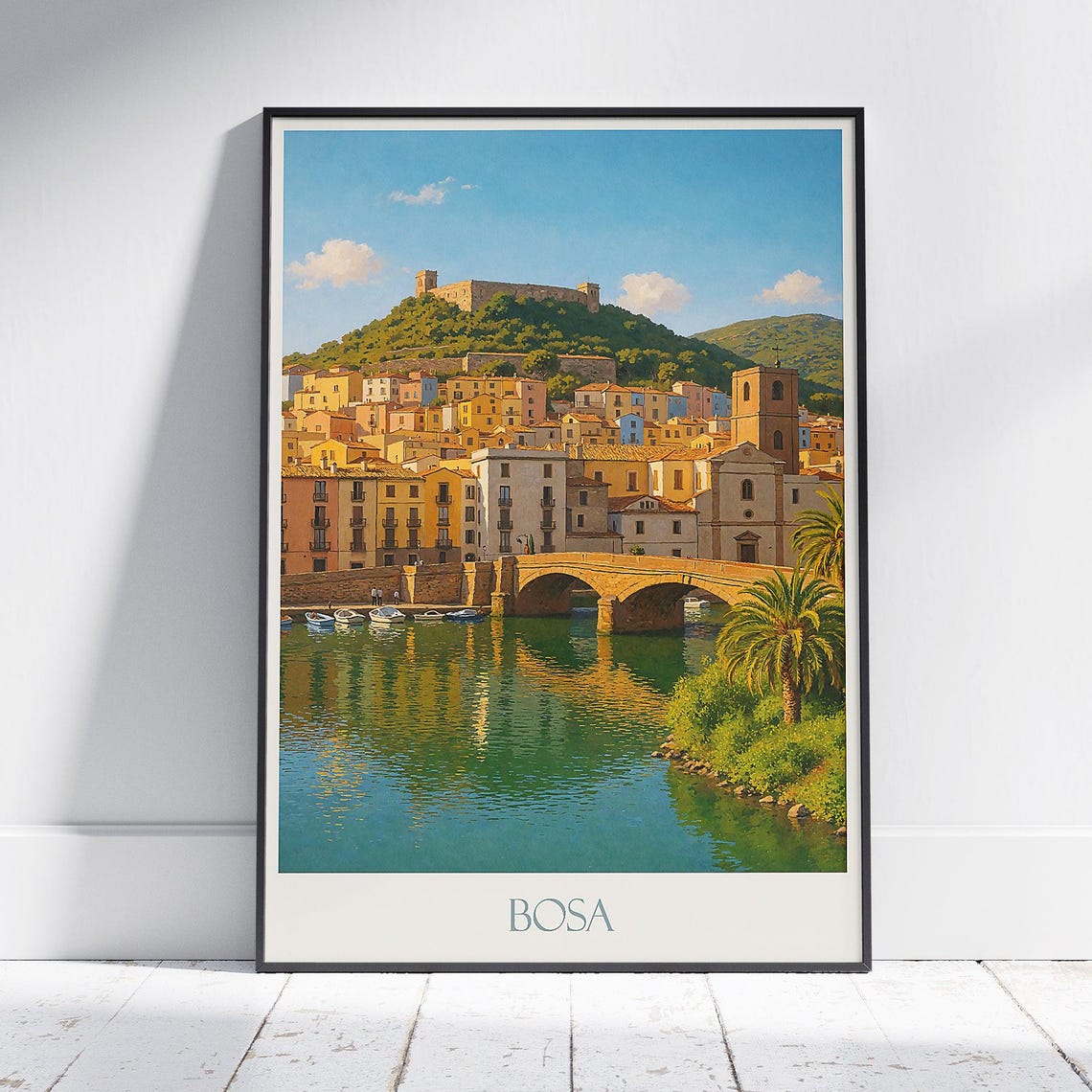 Bosa Sardinia River Bridge Hilltop Castle Colorful Town Poster