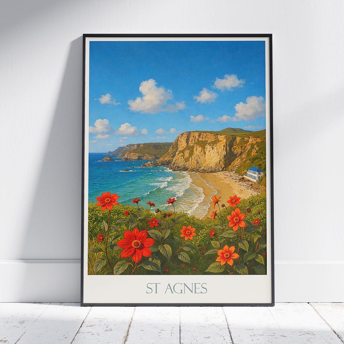St Agnes Cornwall Rocky Cliffs Beach Red Dahlias Sea View Poster