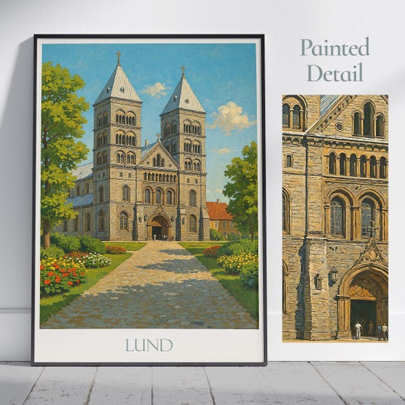 Lund Travel Poster Cathedral Sweden Painted Wall Art Print Nordic Home Decor Framed Cityscape Gift
