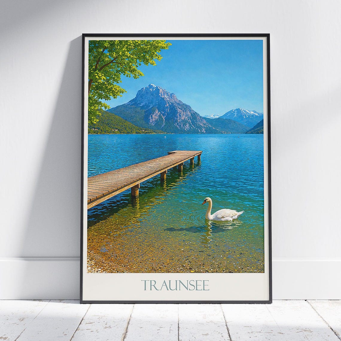 Traunsee Austria Swan Pier Alpine Lake Mountain Scene Poster