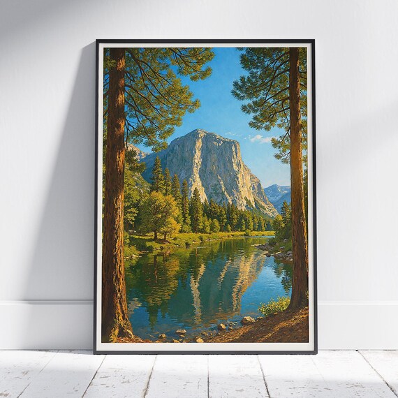 Yosemite El Capitan Poster Granite Cliff River Reflection Pines Painting