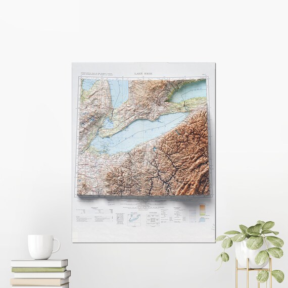 Lake Erie 3D Topographic Relief Map Shaded Terrain Great Lakes Cartography Poster