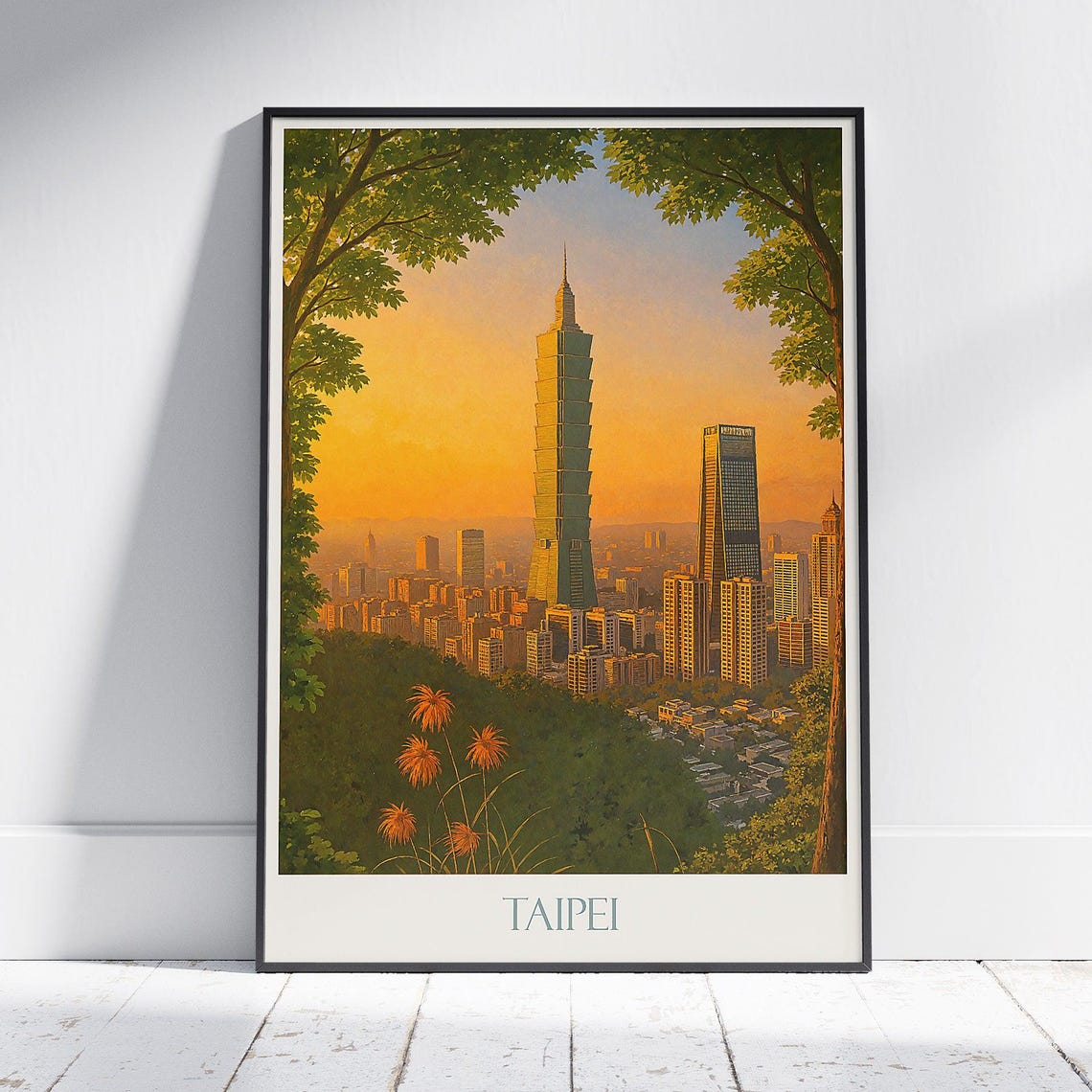 Taipei Taiwan 101 Skyscraper Golden Sunset Cityscape Travel Poster