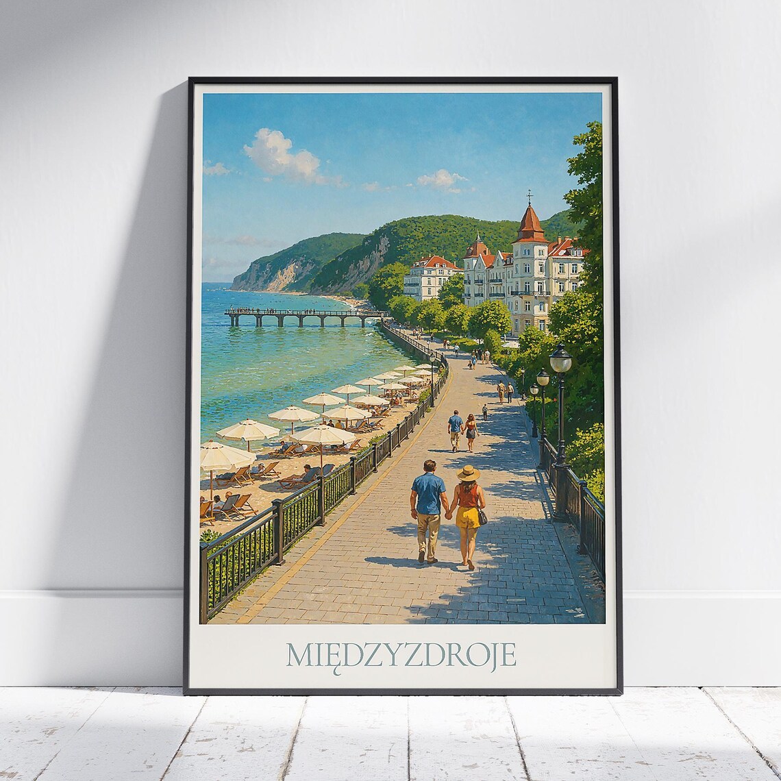 Miedzyzdroje Poland Promenade Poster Baltic Pier Beach Umbrellas Art