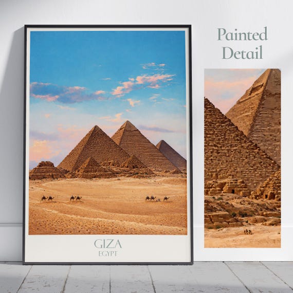Giza Pyramids Travel Print Cairo Egypt Travel Poster Painted Wall Art Home Decor Framed Personalized Print Vacation Travel Gift